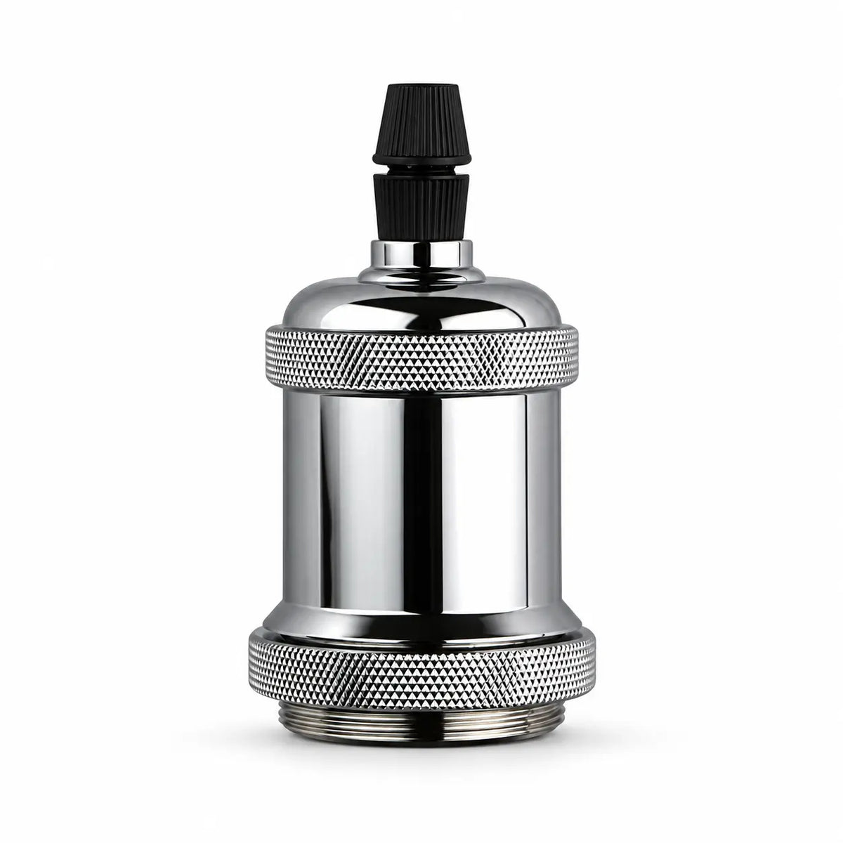 Silver-toned vintage lamp socket with a polished reflective finish, diamond-knurled grip rings, and a black ribbed top cap.
