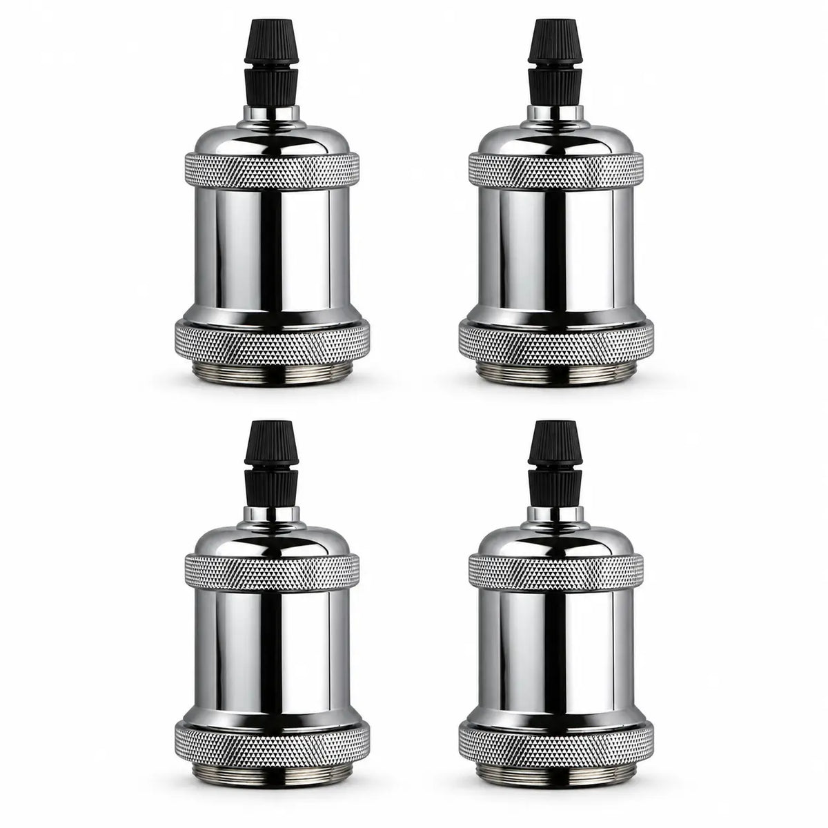 Set of four polished silver-toned vintage lamp sockets arranged in a grid, each featuring textured grip rings and a black ribbed top cap.