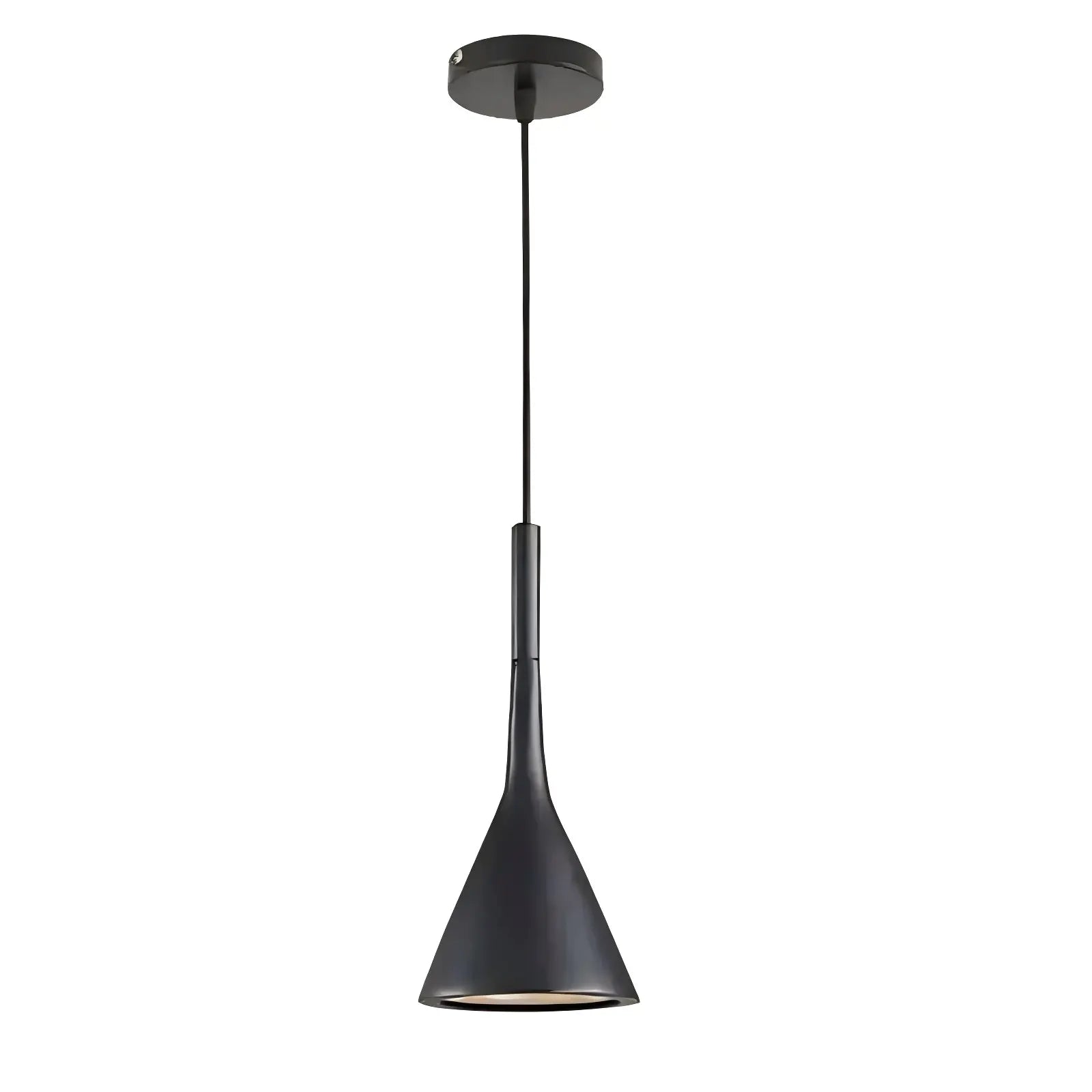Isolated image of a single black modern minimalist pendant light with a matte finish and cone shape, perfect for various interior styles.