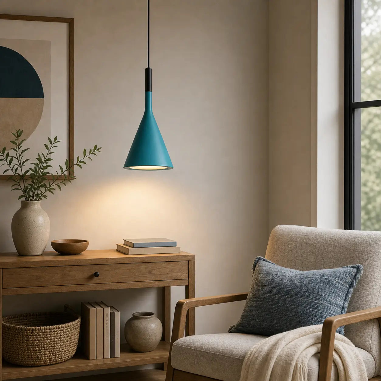 Teal cone pendant light illuminating a reading corner with a wood console table and upholstered armchair.