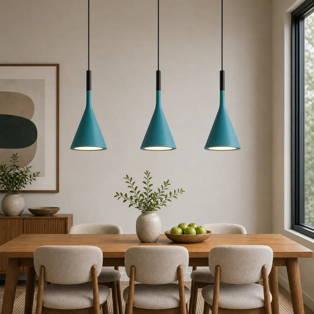 Three teal cone pendant lights arranged in a row above a rectangular wood dining table.