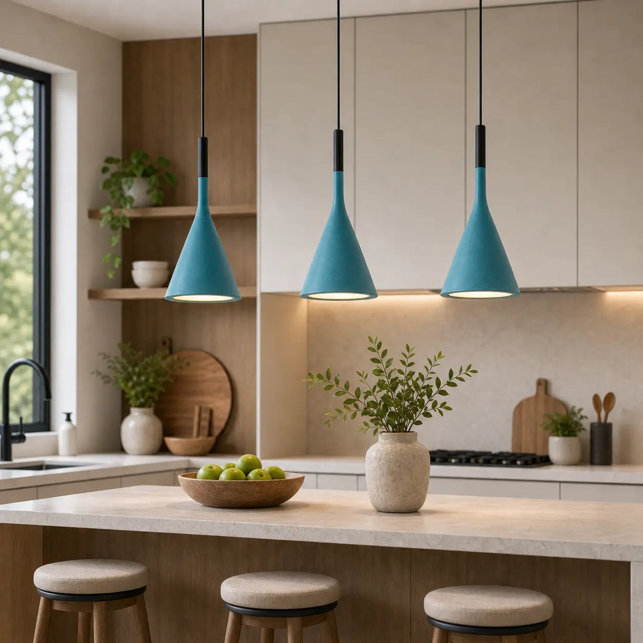Three teal cone pendant lights installed above a light-toned kitchen island with wood and neutral finishes.