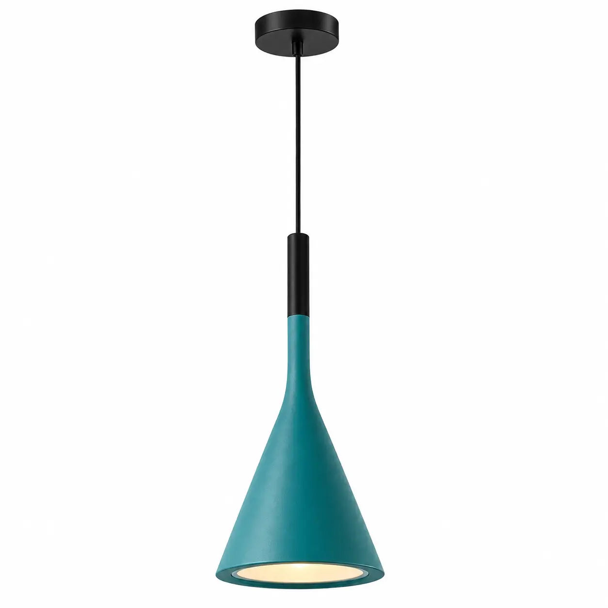 Teal metal cone pendant light with a black canopy, cord, and upper housing against a white background.