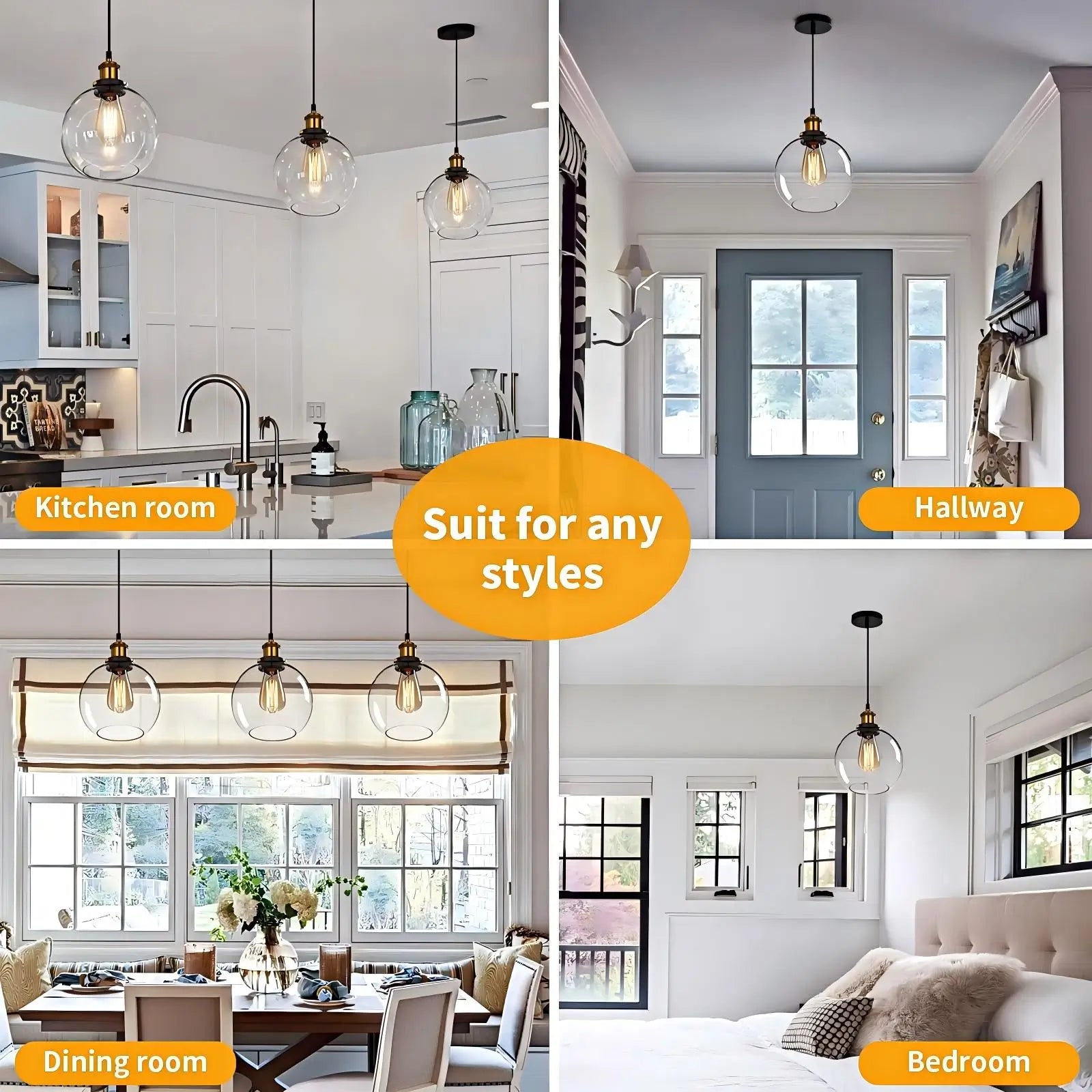 Collage showing clear glass globe pendant lights suitable for kitchen, hallway, dining room, and bedroom.