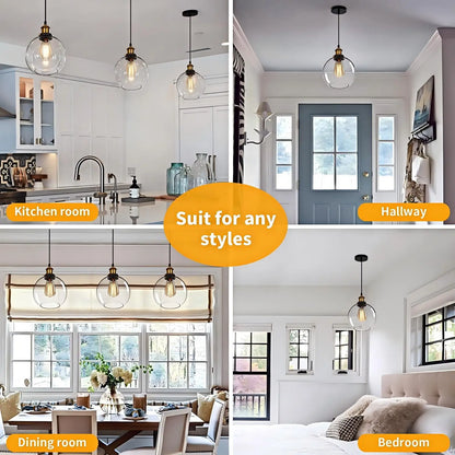 Collage showing clear glass globe pendant lights suitable for kitchen, hallway, dining room, and bedroom.