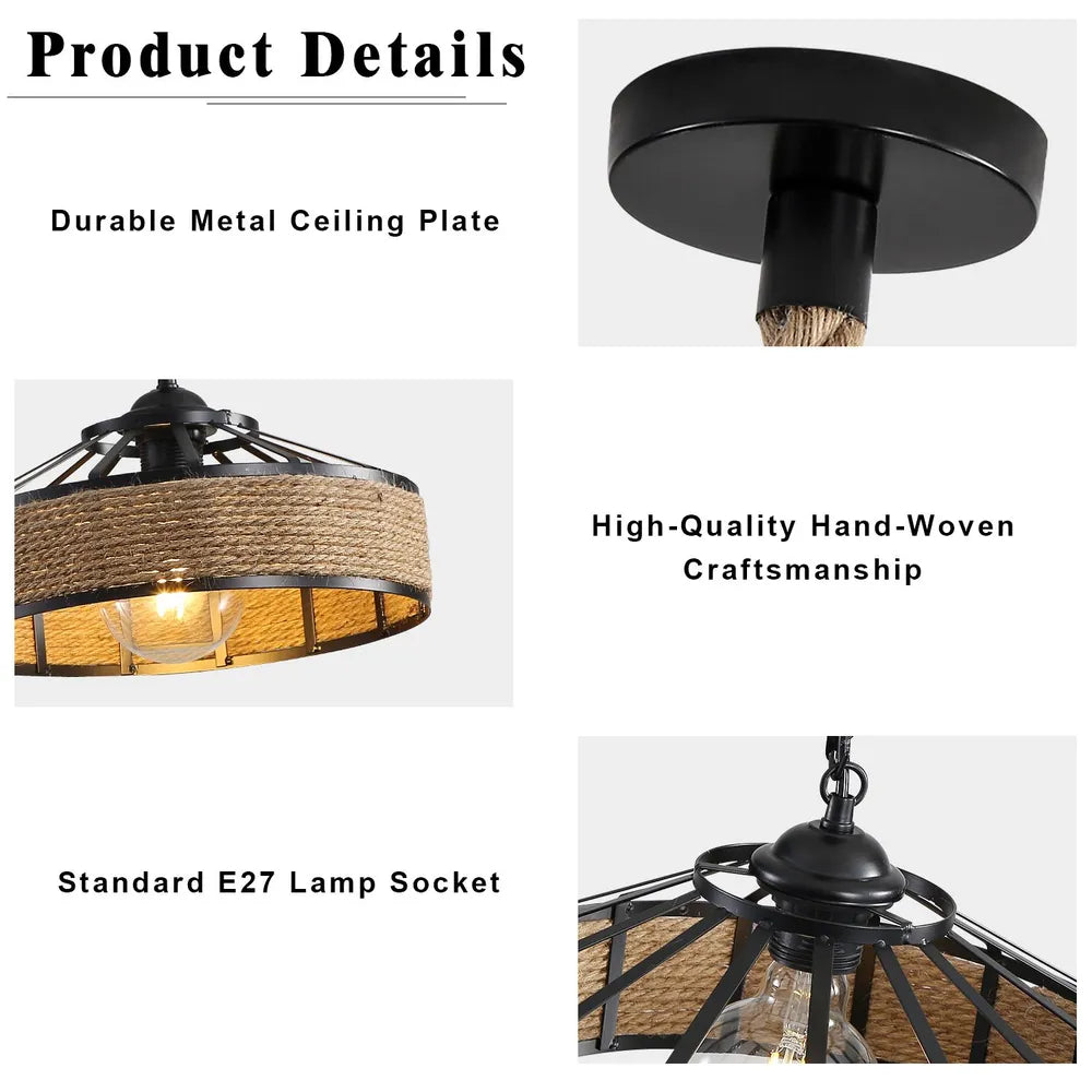 Close-up details of a durable metal ceiling plate, hand-woven rope craftsmanship, and E27 lamp socket for a vintage-style pendant light.