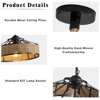 Close-up details of a durable metal ceiling plate, hand-woven rope craftsmanship, and E27 lamp socket for a vintage-style pendant light.
