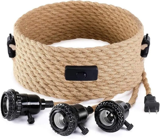 Plug-in pendant light kit with natural rope and E26 sockets