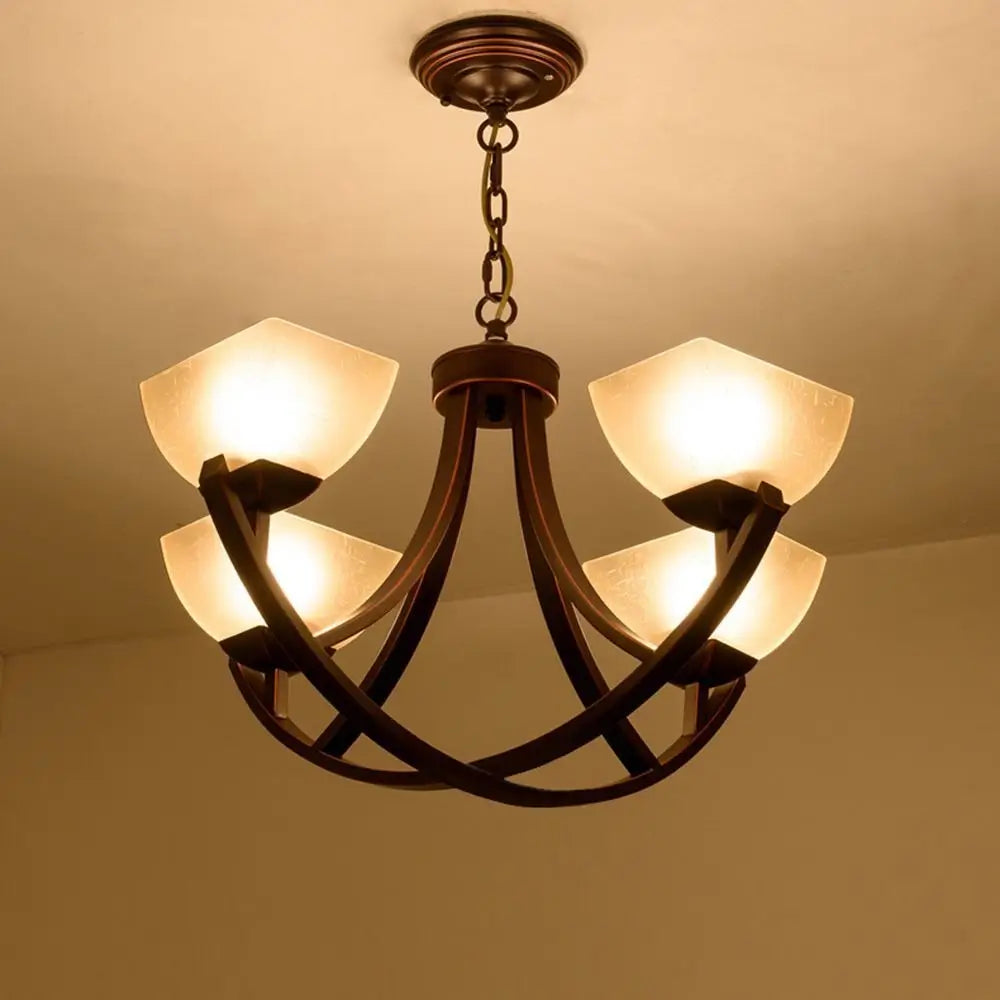 Vintage-style ceiling chandelier casting a warm ambient glow.