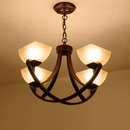 Vintage-style ceiling chandelier casting a warm ambient glow.