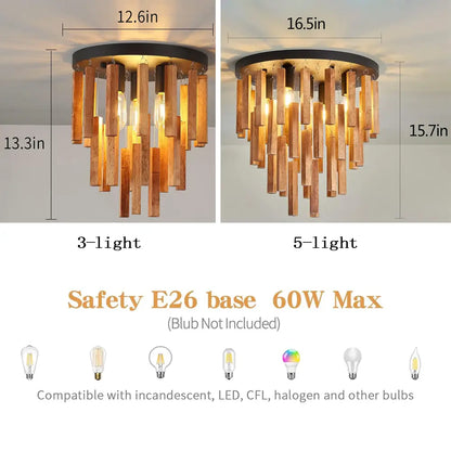 Size comparison of 3-light and 5-light flush mount wooden ceiling lights with E26 base
