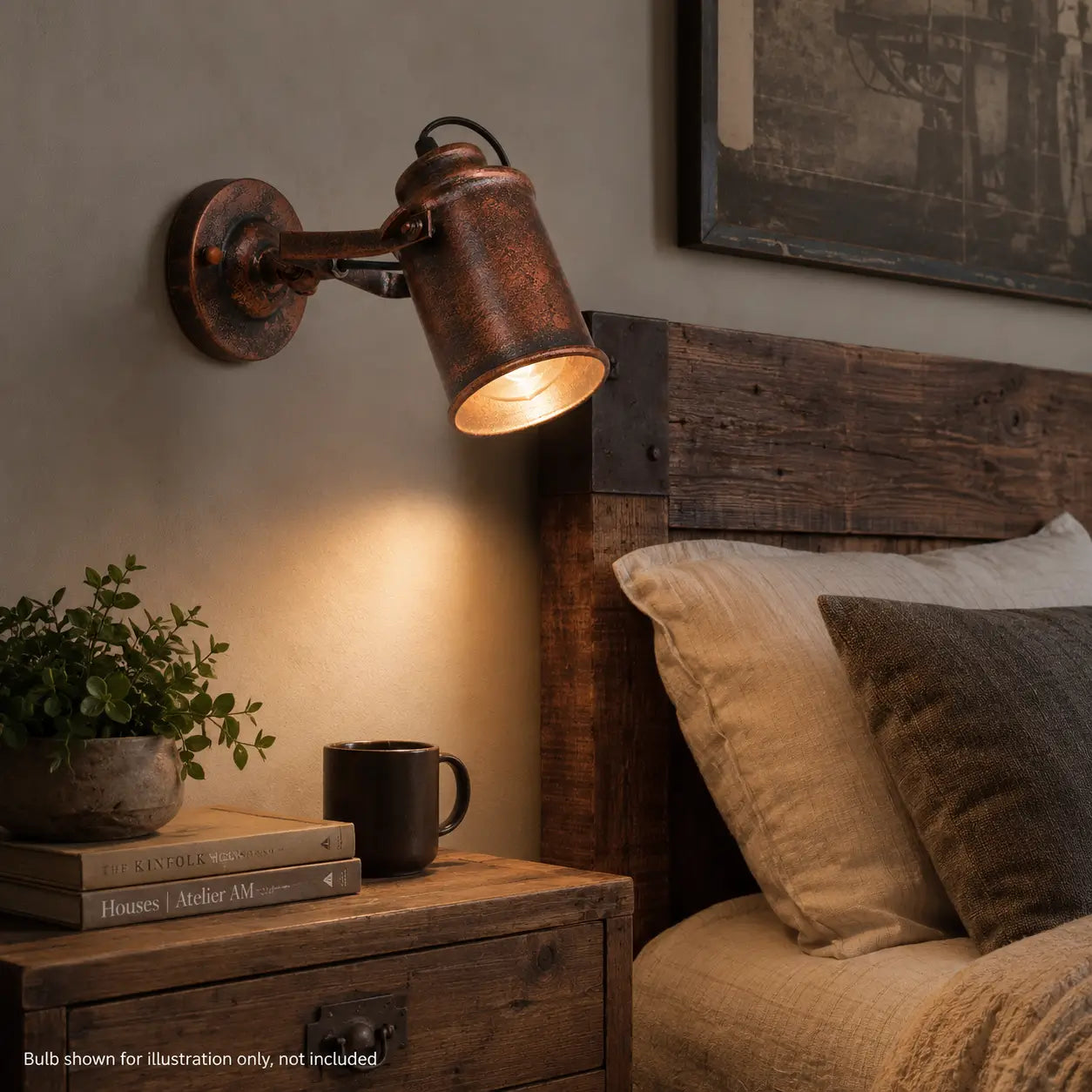 Copper wall sconce mounted above a rustic wood nightstand in a bedroom