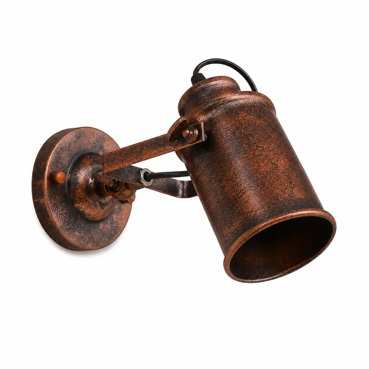 Industrial wall sconce with weathered copper finish and adjustable cylindrical shade