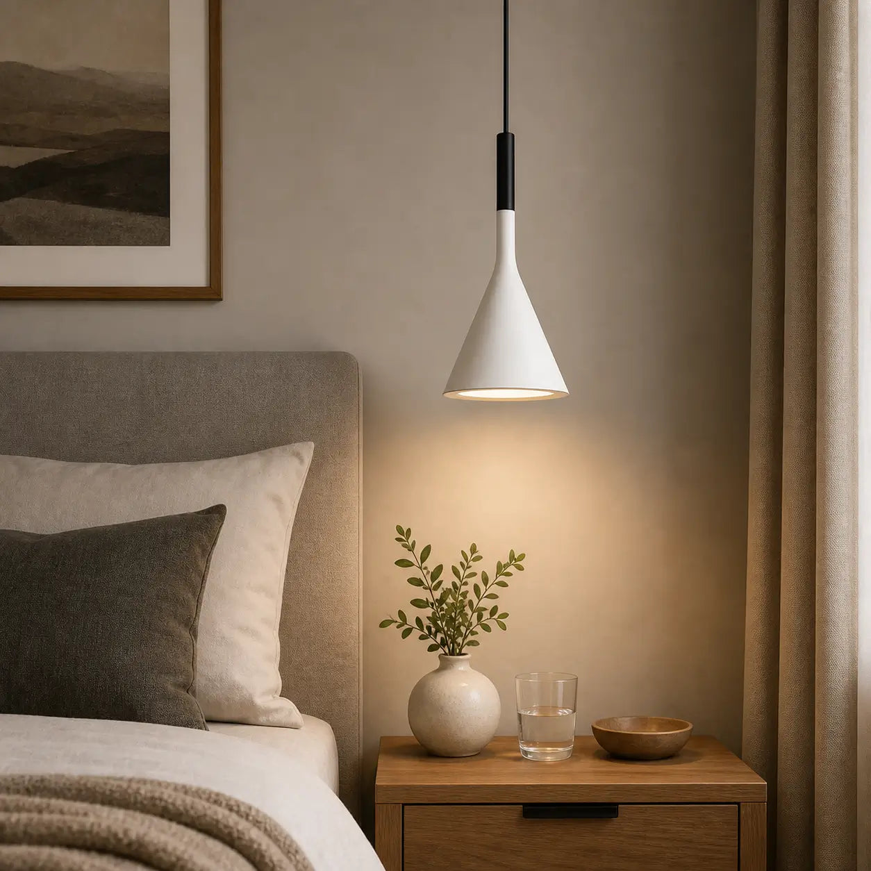 White cone pendant light used above a wood nightstand beside an upholstered bed.