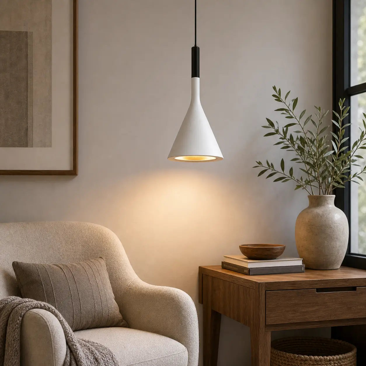 Single white cone pendant light illuminating a side table beside a cream armchair.