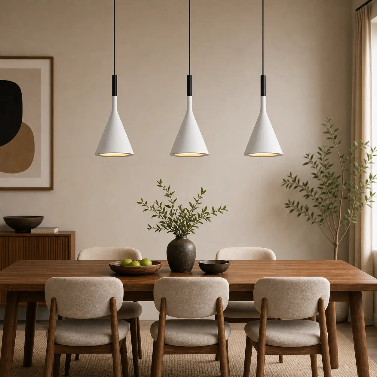Three white cone pendant lights arranged in a row above a wood dining table in a neutral dining room.