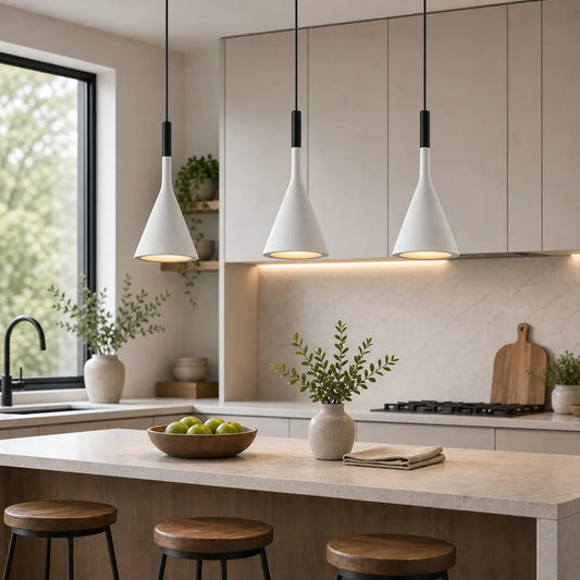 Three white cone pendant lights installed above a light-toned kitchen island.