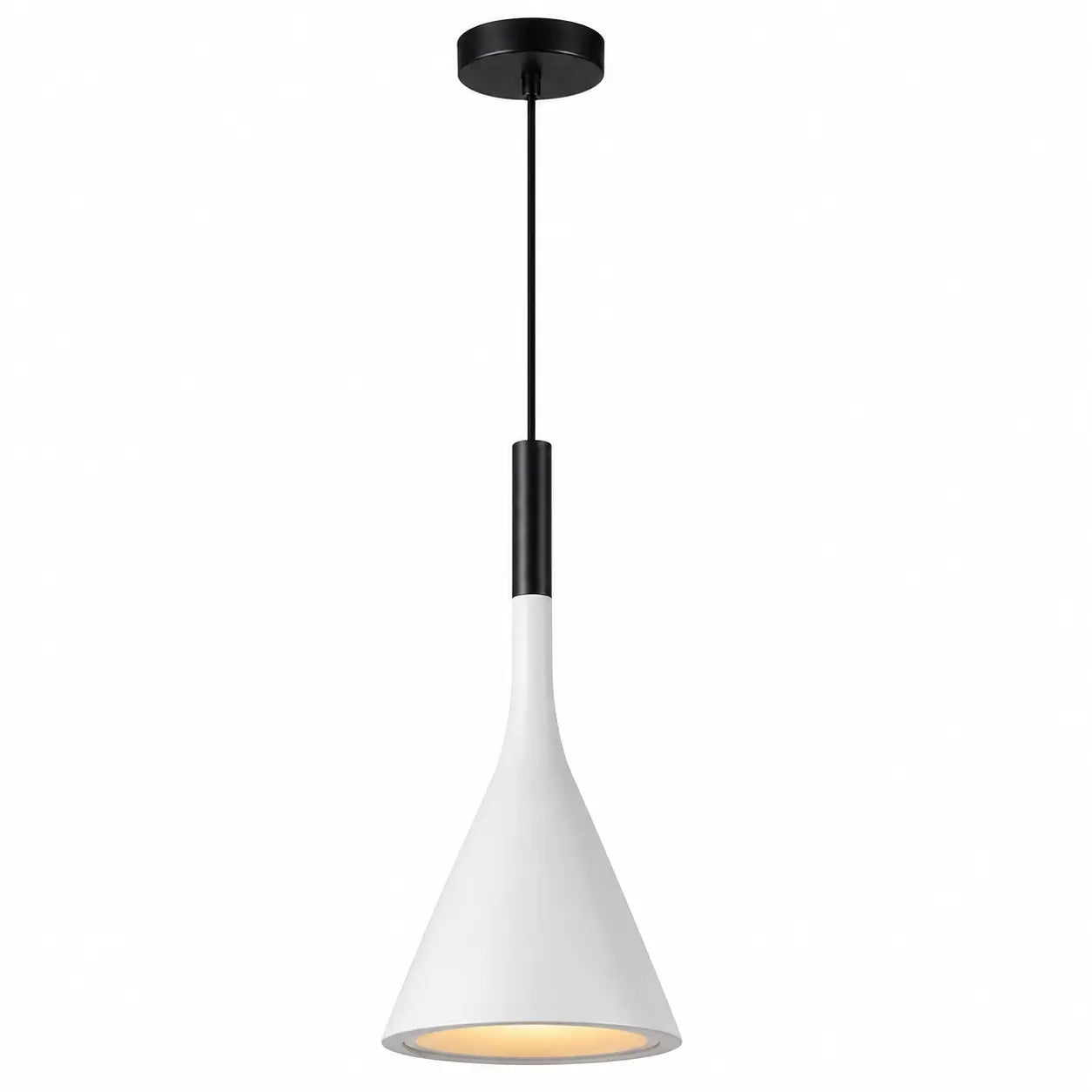 White metal cone pendant light with a black canopy and cord, shown illuminated against a white background.