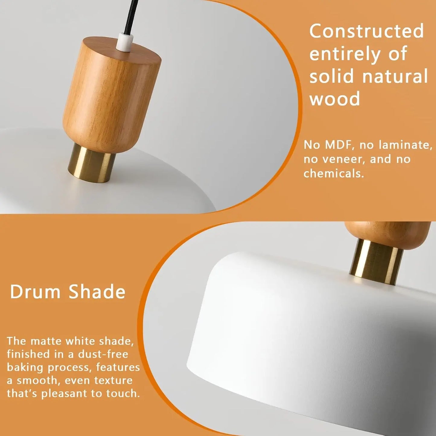 Detail of natural solid wood top and smooth matte white drum shade