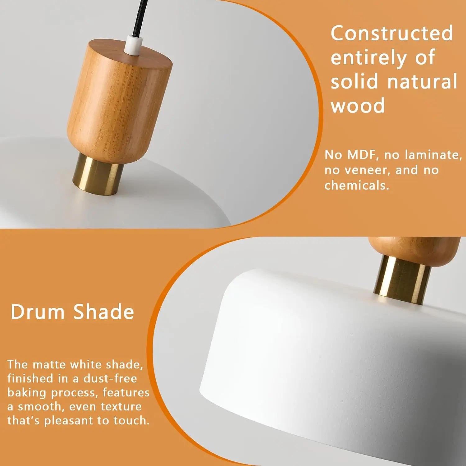 Detail of natural solid wood top and smooth matte white drum shade