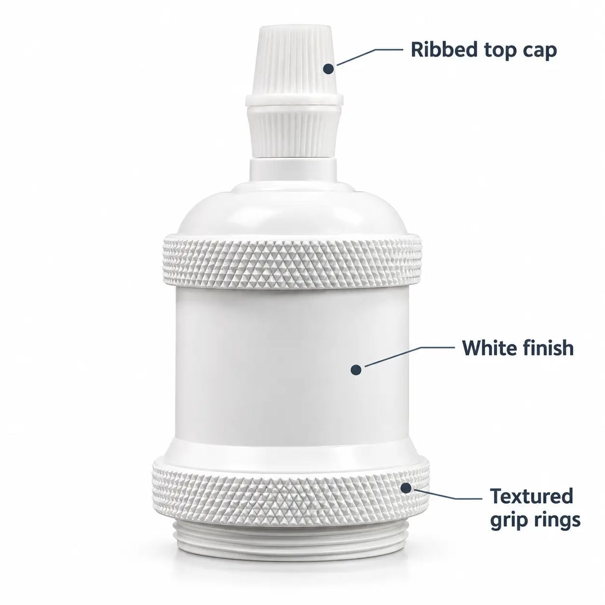 Annotated white vintage lamp socket highlighting its ribbed top cap, white finish, and textured grip rings.
