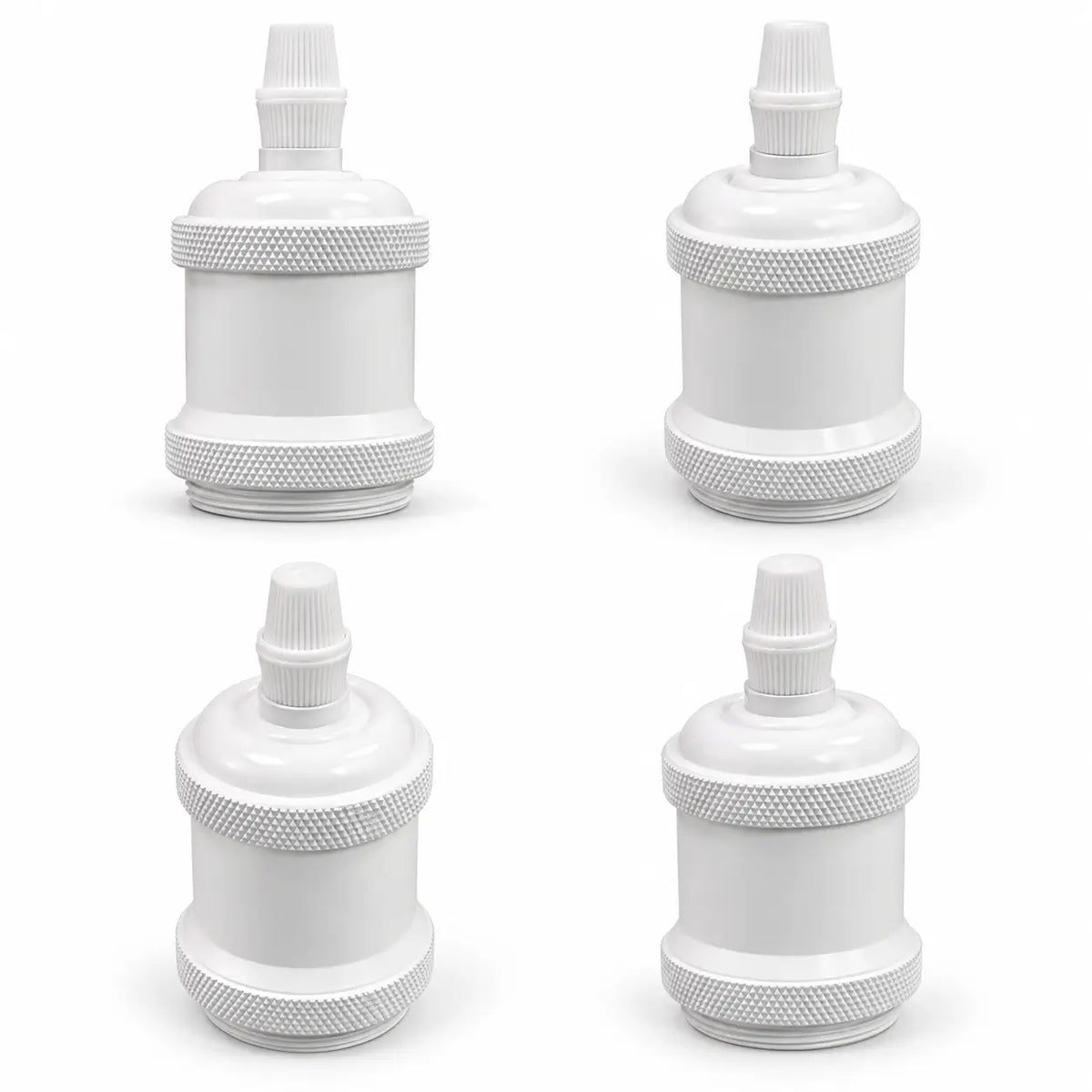 Four views of a white vintage lamp socket showing its cylindrical shape, textured rings, and ribbed top cap.