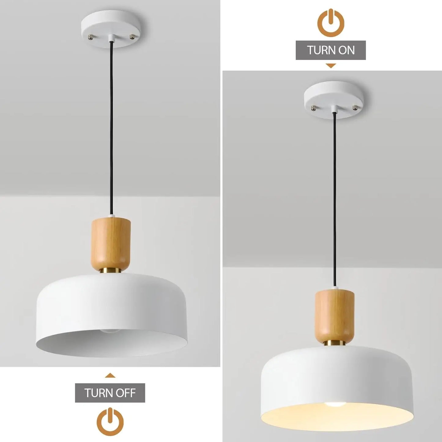 Pendant light on/off display showing warm illumination with natural wood and matte finish
