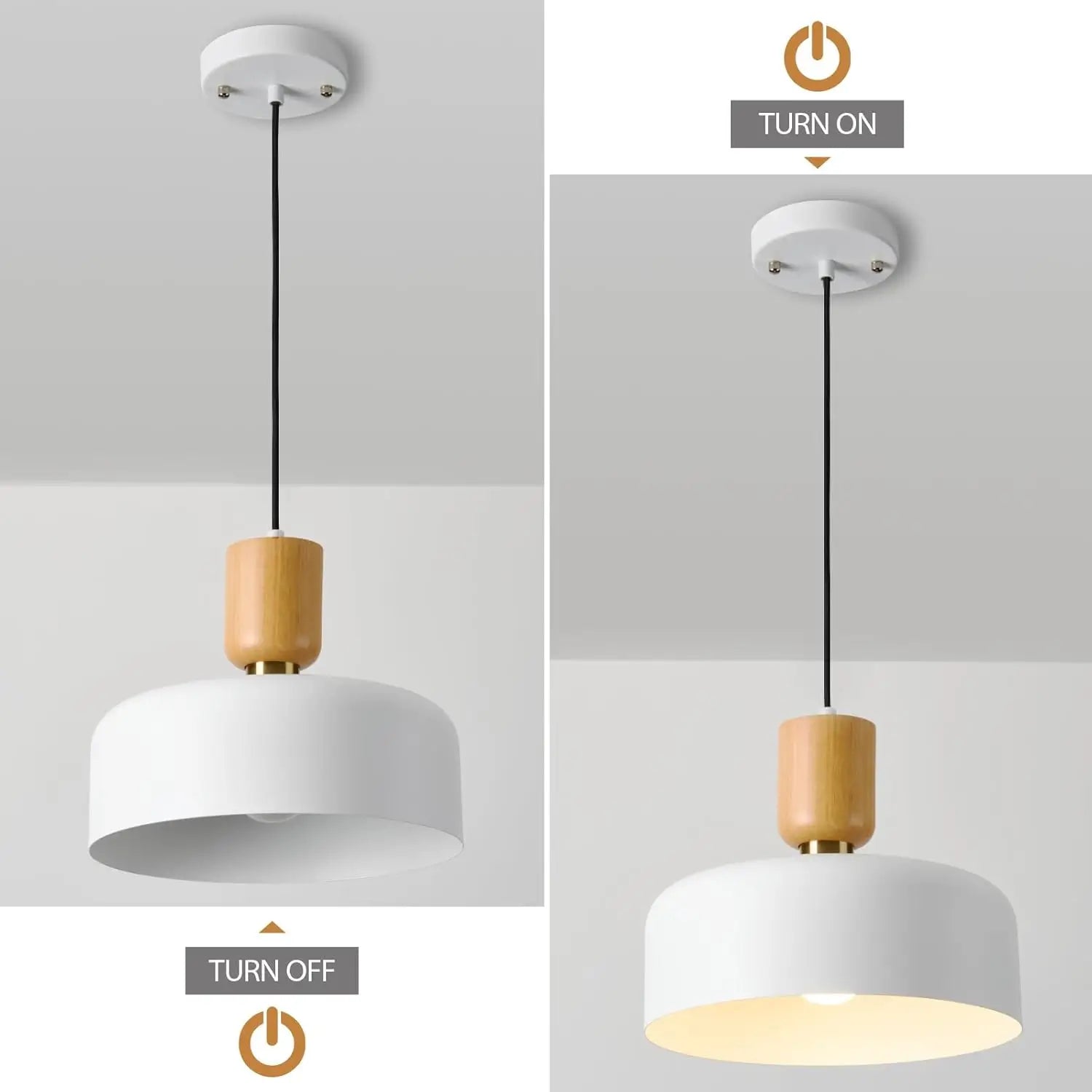 Pendant light on/off display showing warm illumination with natural wood and matte finish